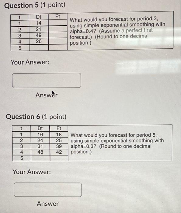 Question 5 (1 point) Ft t 1 2 3 4 5 Dt 14 21 49