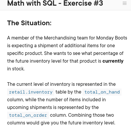 Math with SQL - Exercise #3 III The Situation: A