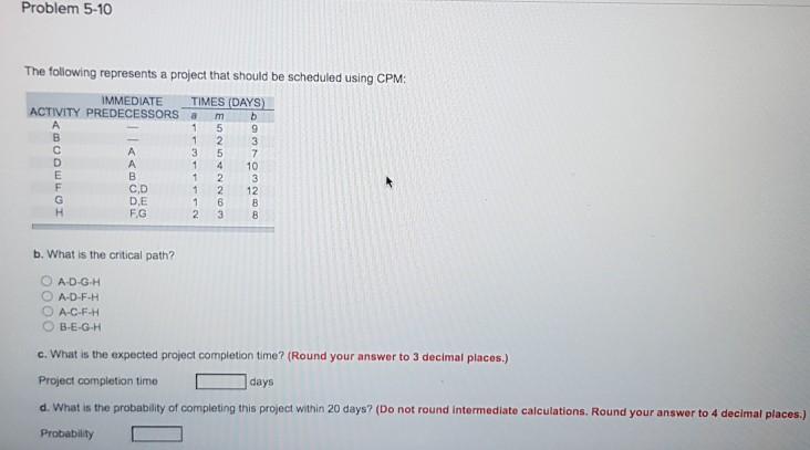 Problem 5-10 The following represents a project