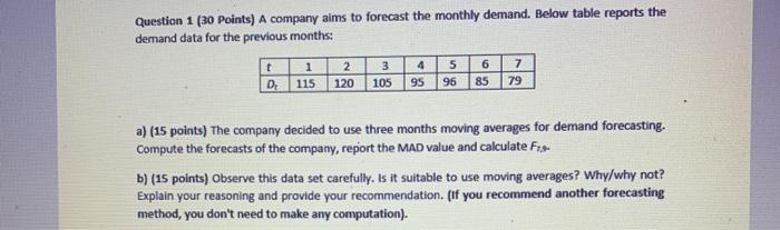 Question 1 (30 Points) A company aims to forecast