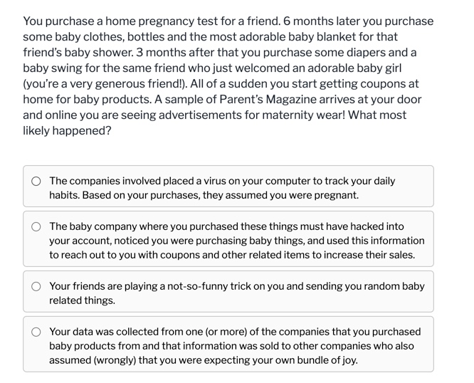You purchase a home pregnancy test for a friend.