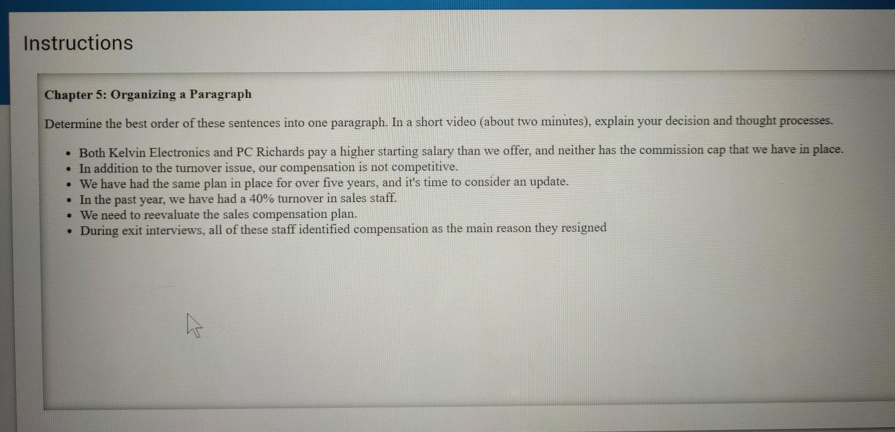Instructions Chapter 5: Organizing a Paragraph