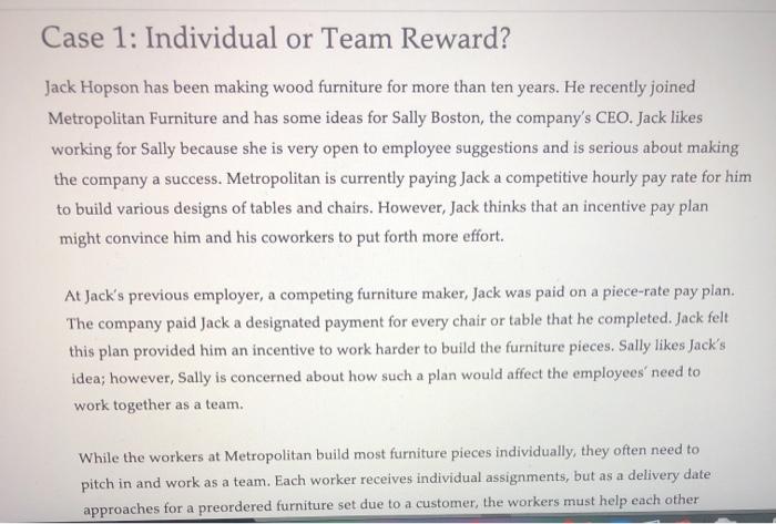 Case 1: Individual or Team Reward? Jack Hopson