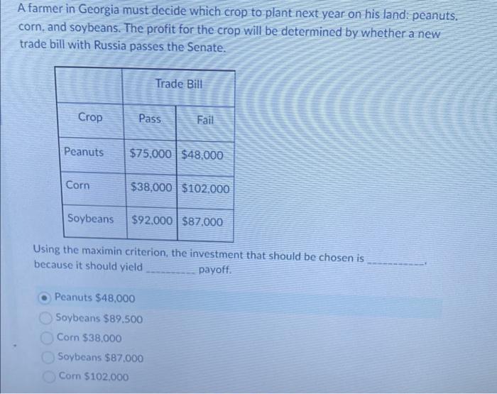A farmer in Georgia must decide which crop to