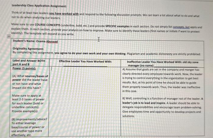 Leadership Class Application Assignment: Think of
