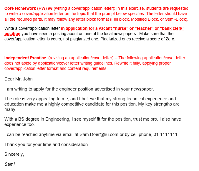 Core Homework (HW) #6 (writing a
