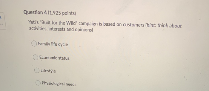 3 Question 4 (1.925 points) Yeti's 