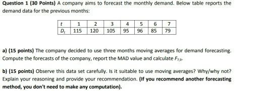 Question 1 (30 Points) A company aims to forecast