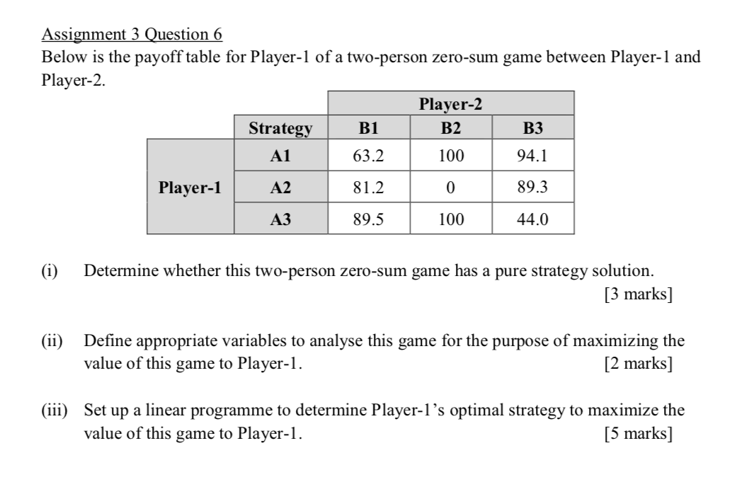 Assignment 3 Question 6 Below is the payoff table