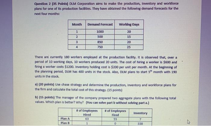 Question 2 (35 points) DLM Corporation aims to