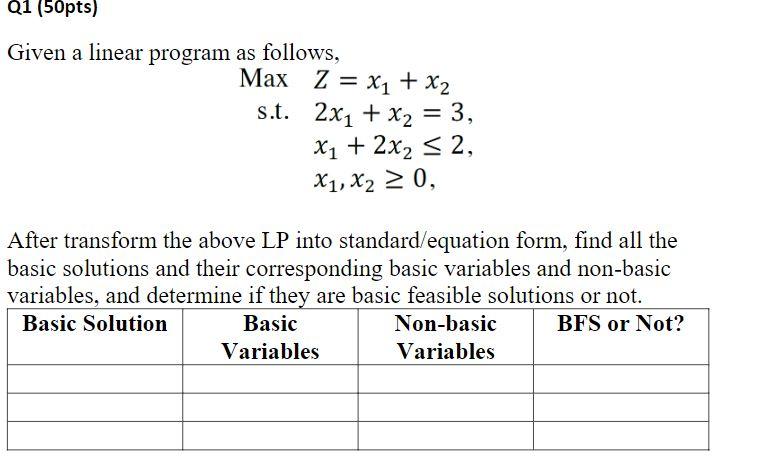 Q1 (50pts) Given a linear program as follows, Max
