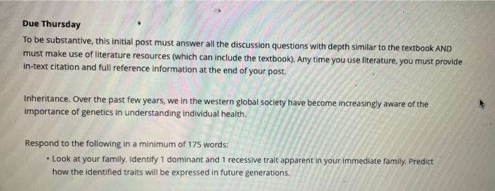 Due Thursday To be substantive, this initial post