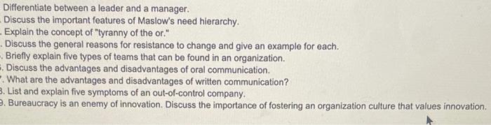 Differentiate between a leader and a manager.