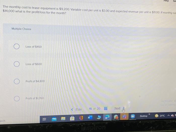 Help Se The monthly cost to lease equipment is