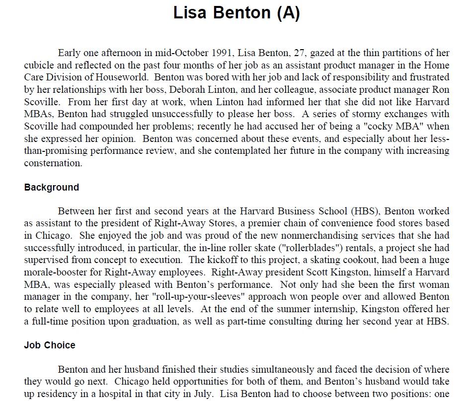 Lisa Benton (A) Case Study (OB, HR Management and