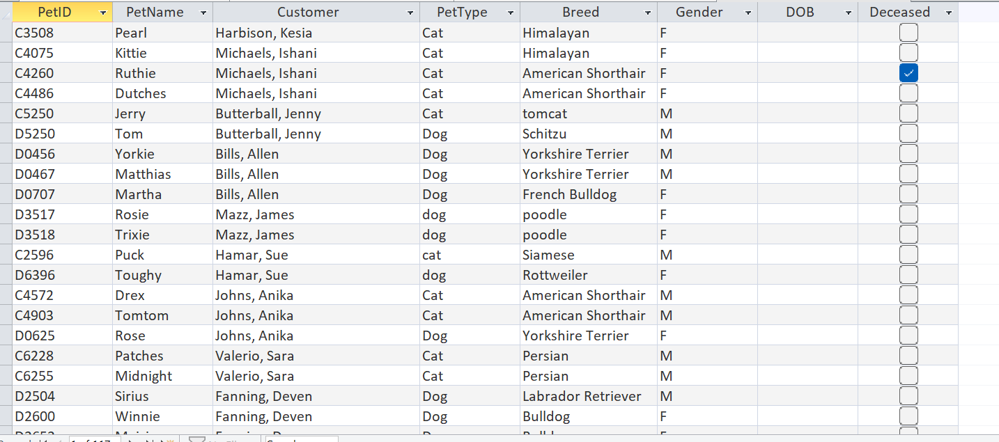 Based on this data info from a customer and pets