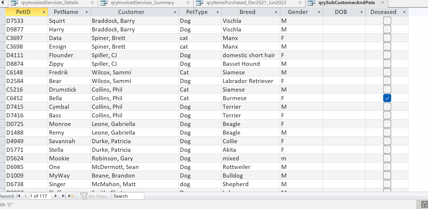 Based on this data info from a customer and pets