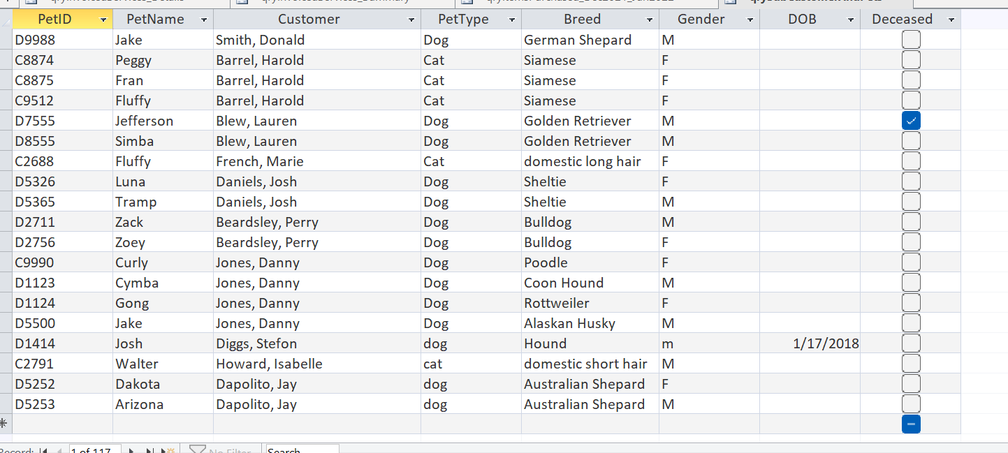 Based on this data info from a customer and pets