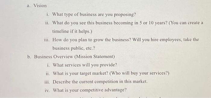 please create a business plan using these points