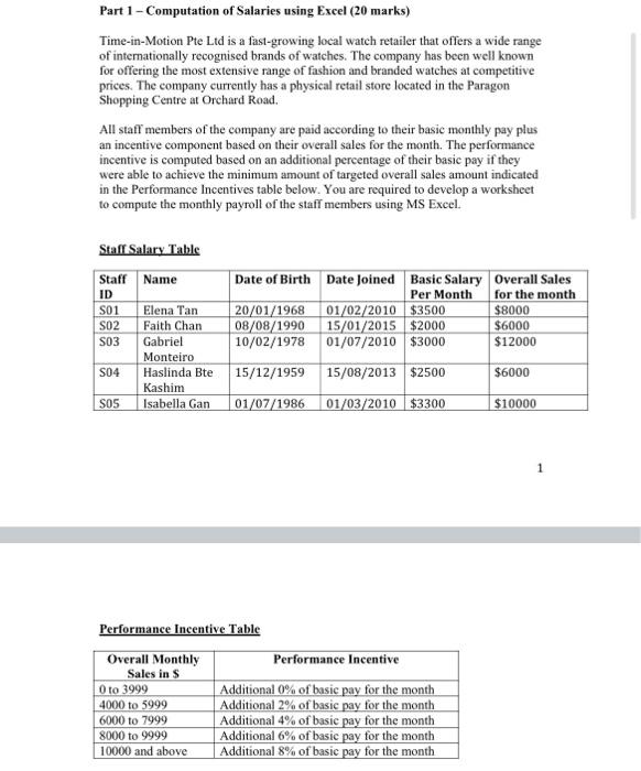 Part 1 - Computation of Salaries using Excel (20