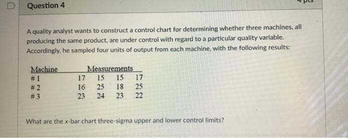 D Question 4 A quality analyst wants to construct