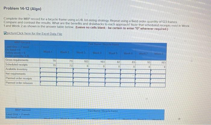 Problem 14-12 (Algo) Complete the MRP record for