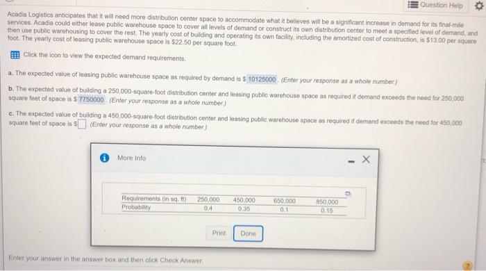 Question Help Acadia Logistics anticipates that