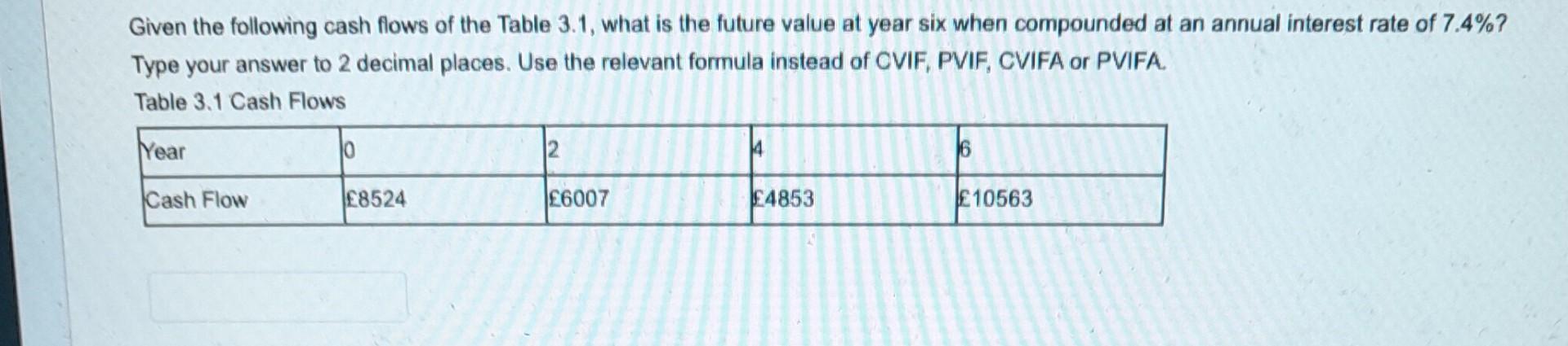 Given the following cash flows of the Table 3.1,