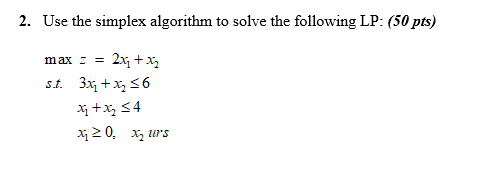 2. Use the simplex algorithm to solve the
