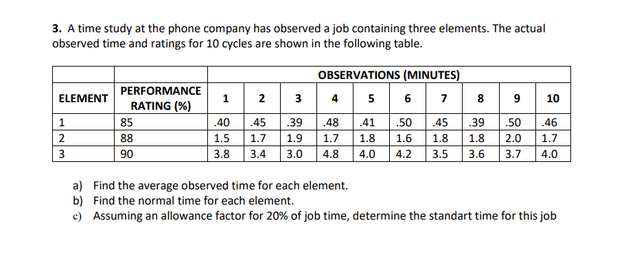 3. A time study at the phone company has observed