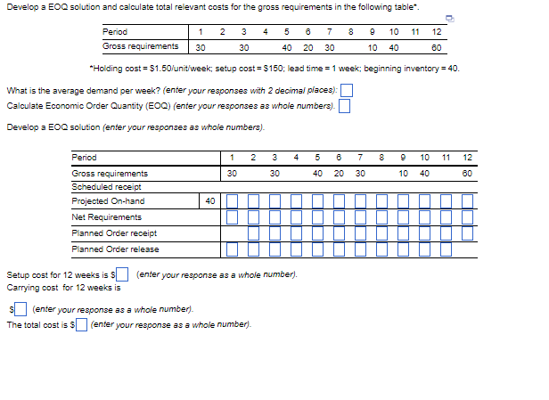 "Holding cost =$1.50 /unittweek; setup cost