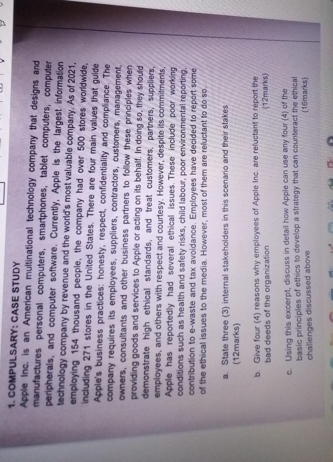 1. COMPULSARY: CASE STUDY Apple Inc. is an