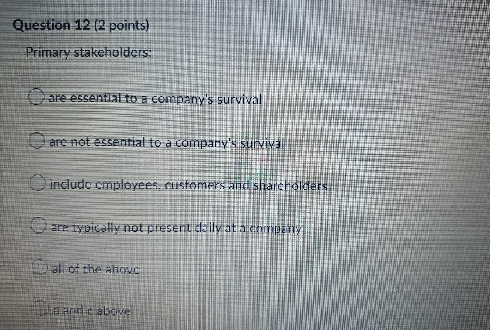 Question 12 (2 points) Primary stakeholders: Oare