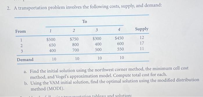 A transportation problem involves the following
