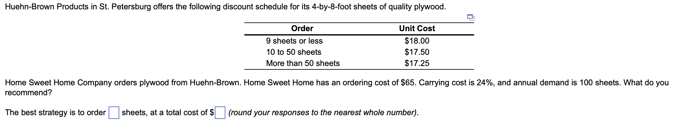 Home Sweet Home Company orders plywood from