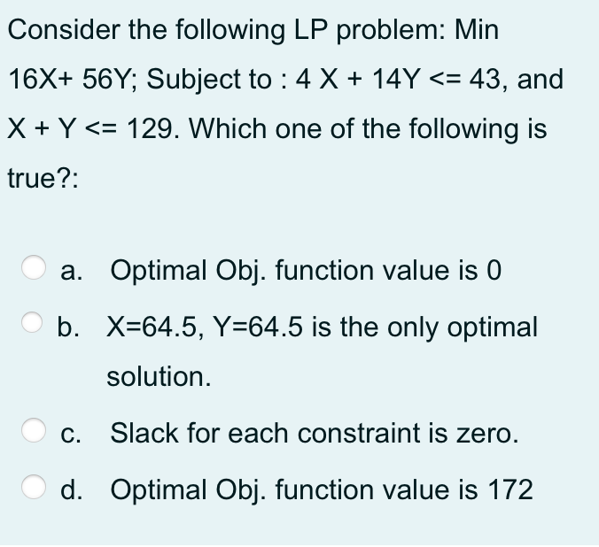 Consider the following LP problem: Min 16X+ 56Y;