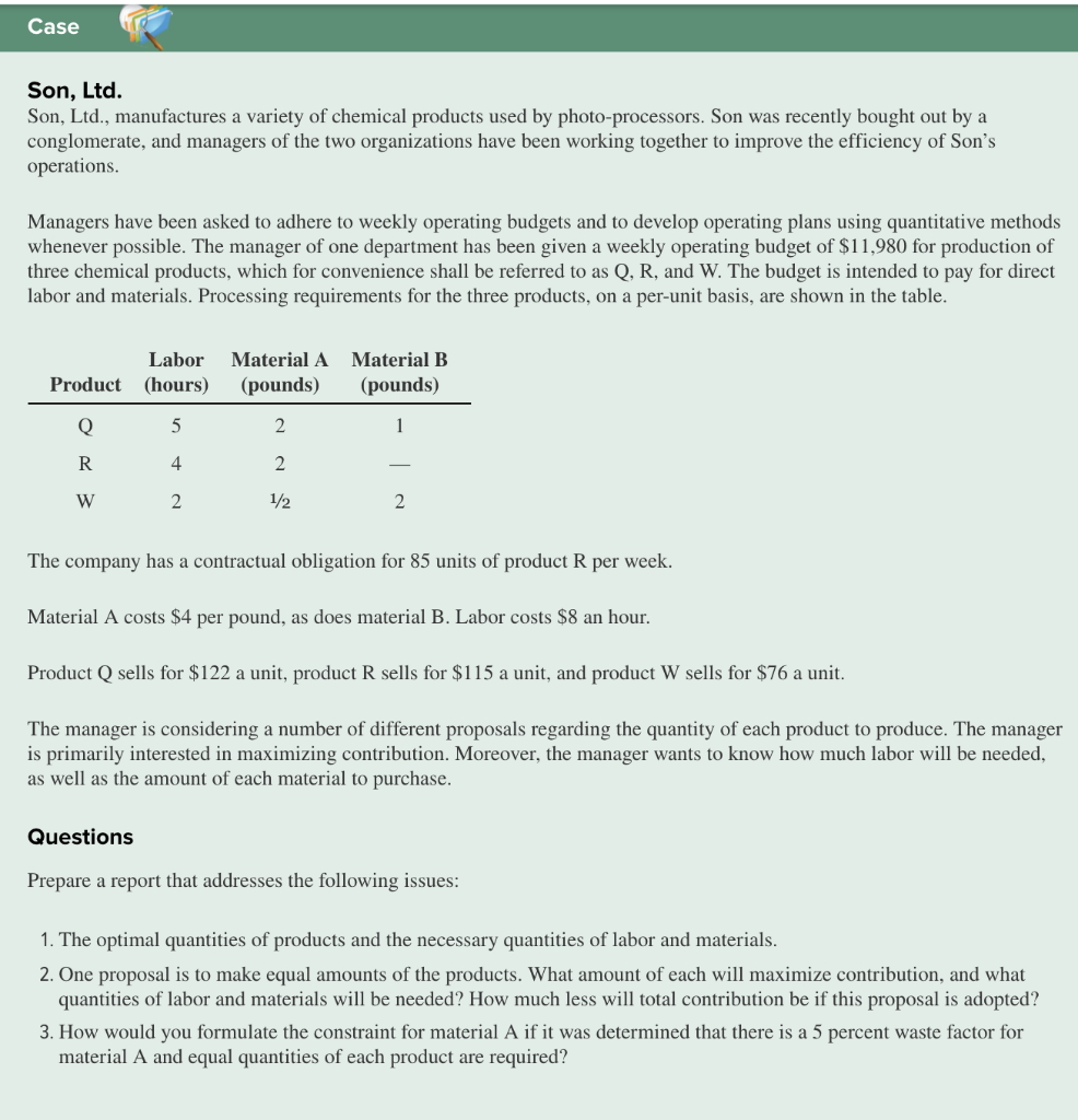 Case Son, Ltd. Son, Ltd., manufactures a variety
