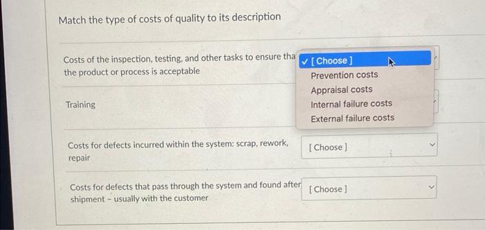please match all 4 Match the type of costs of