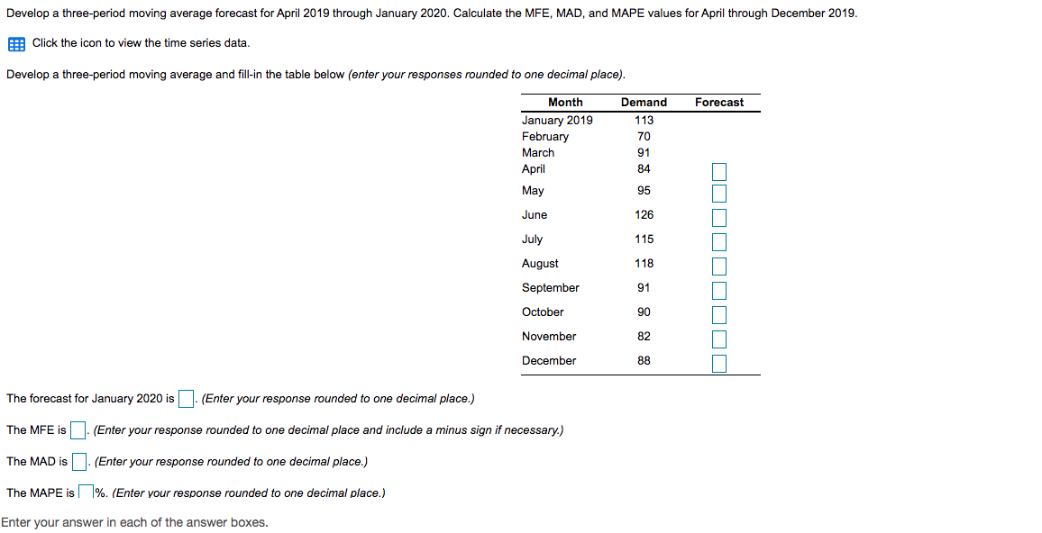 Develop a three-period moving average forecast