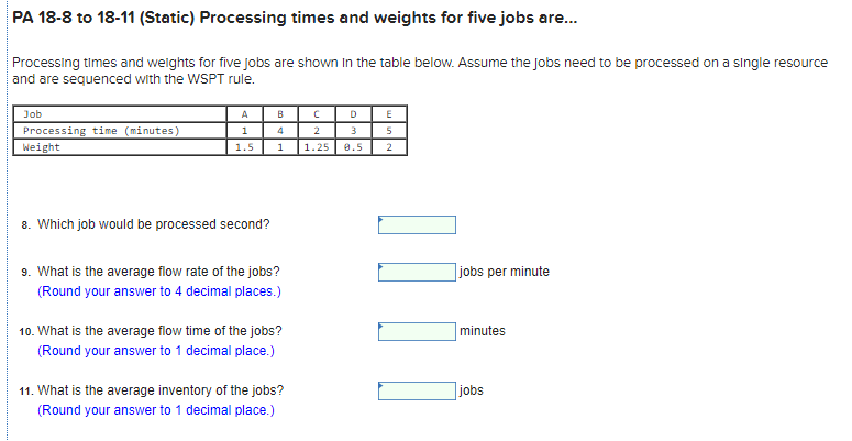 PA 18-8 to 18-11 (Static) Processing times and
