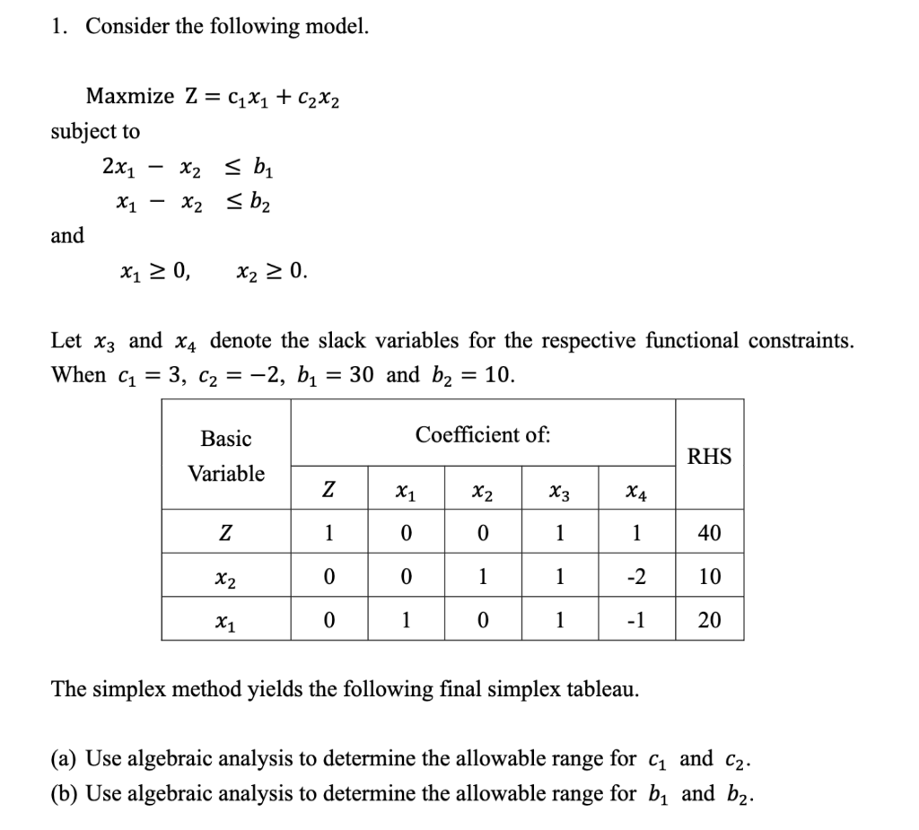1. Consider the following model. Maxmize Z = C1X1