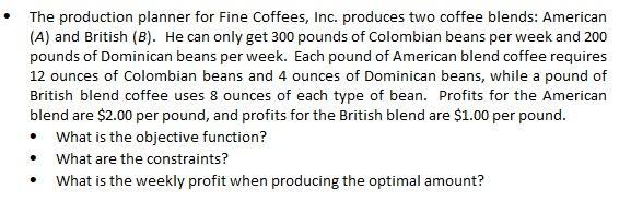 The production planner for Fine Coffees, Inc.