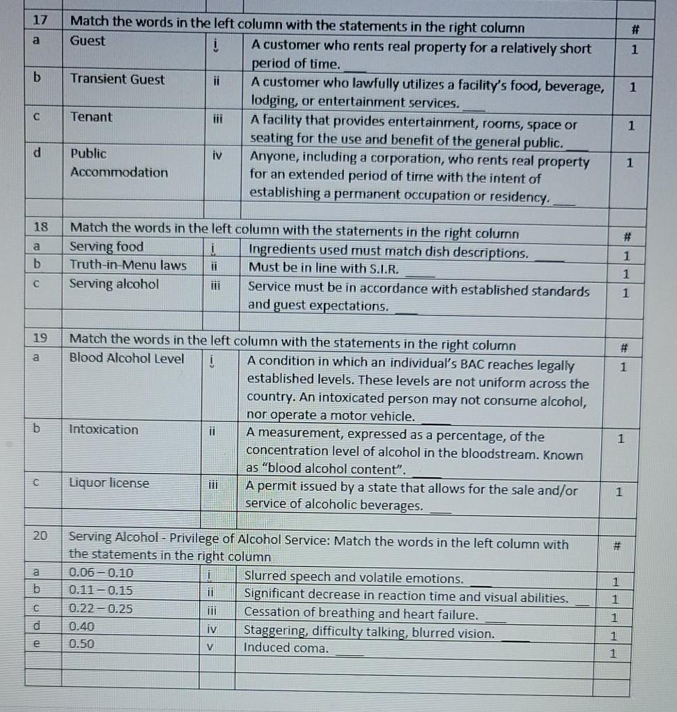 17 # a 1 b 1 Match the words in the left column