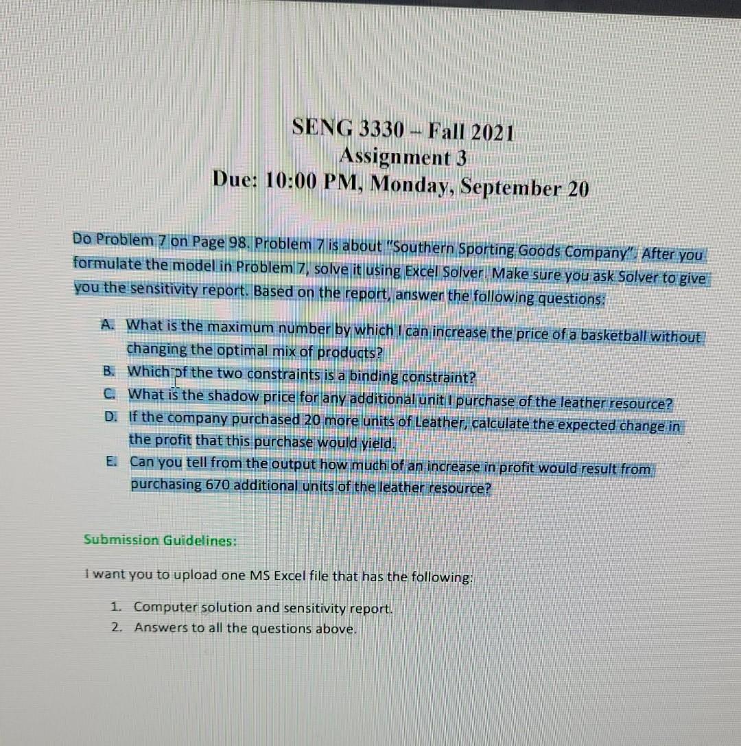 SENG 3330 - Fall 2021 Assignment 3 Due: 10:00 PM,
