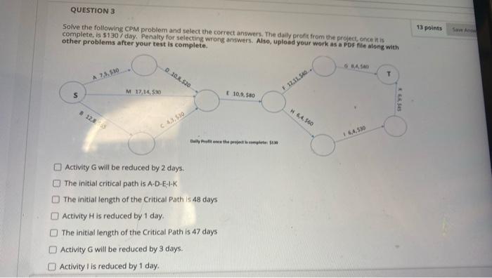 QUESTION 3 13 points Solve the following CPM