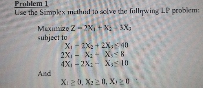 Problem 1 Use the Simplex method to solve the