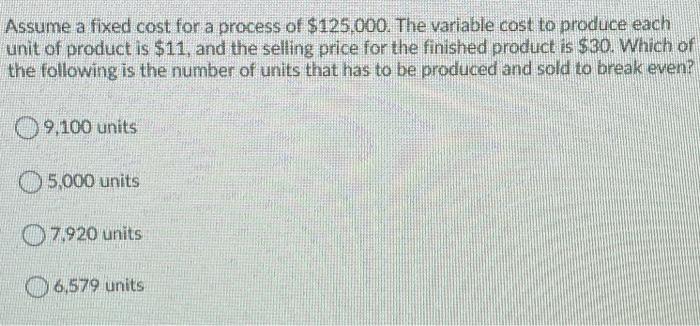 Assume a fixed cost for a process of $125.000.