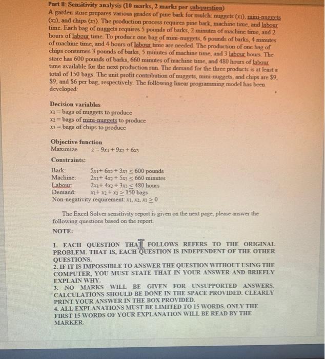 Part II: Sensitivity analysis (10 marks, 2 marks