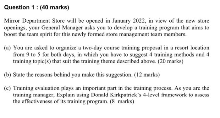 Question 1: (40 marks) Mirror Department Store