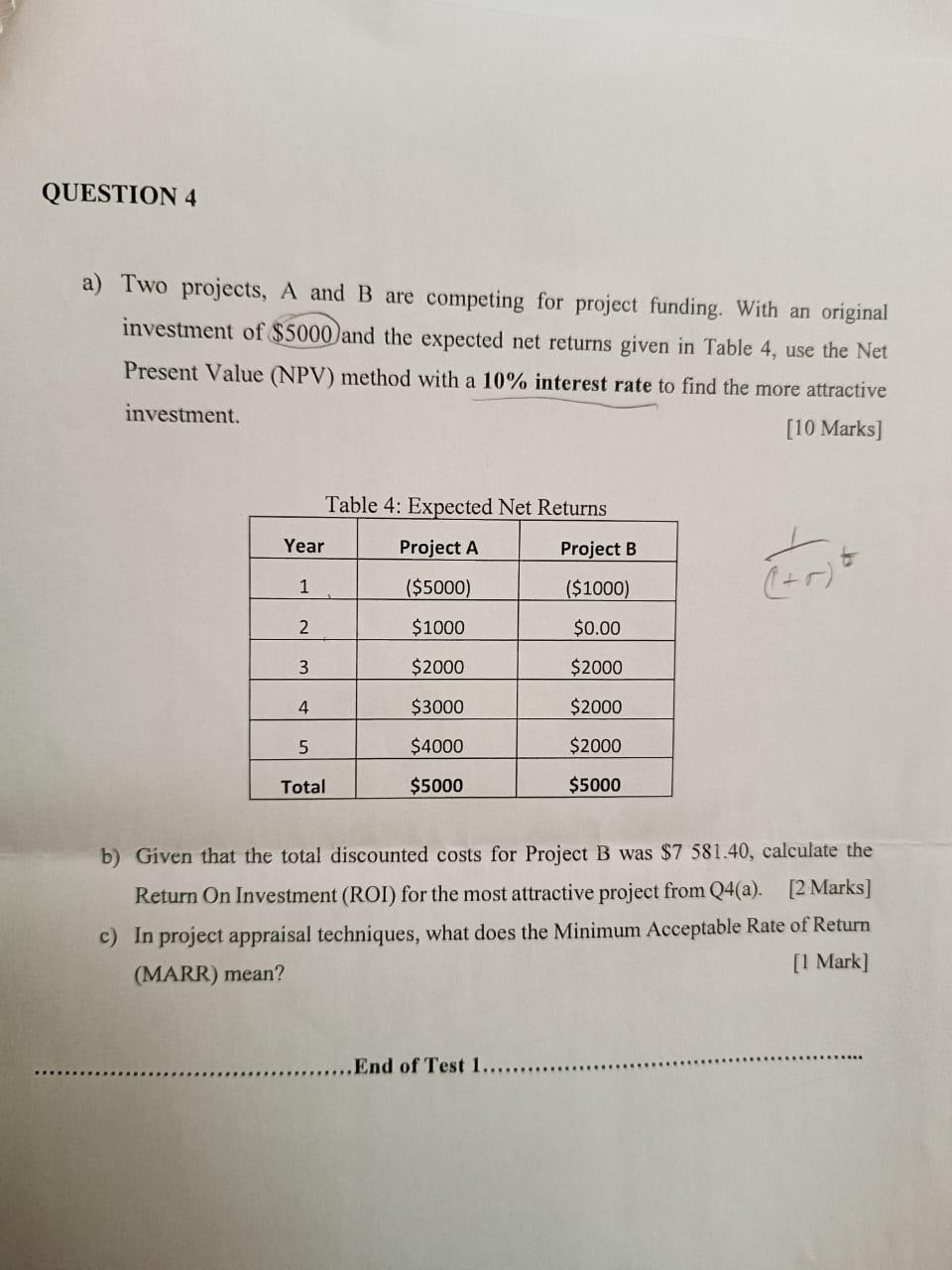 a) Two projects, A and B are competing for